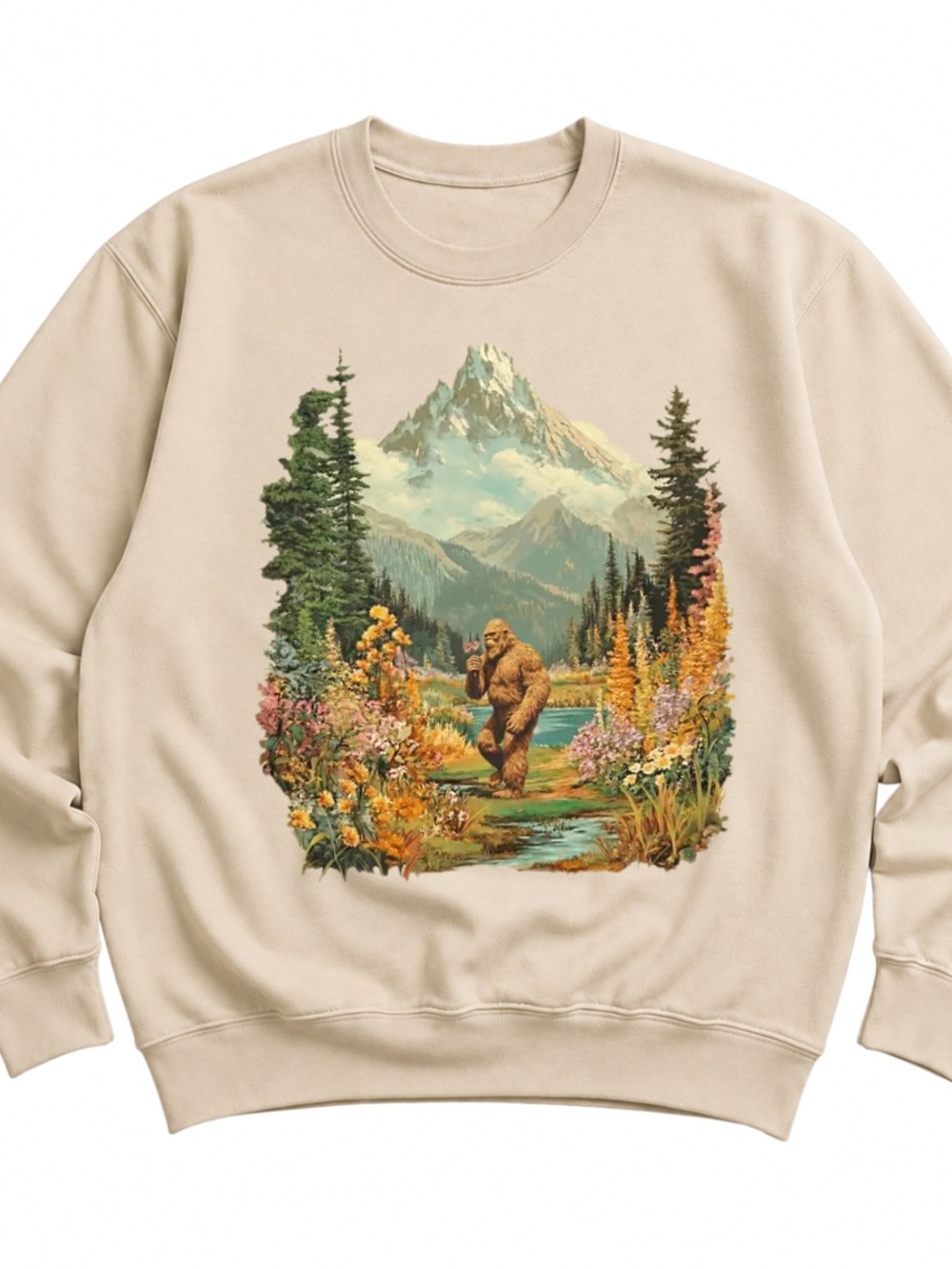 Sand Crewneck Sweatshirt with Mountain Bigfoot Scenic Print